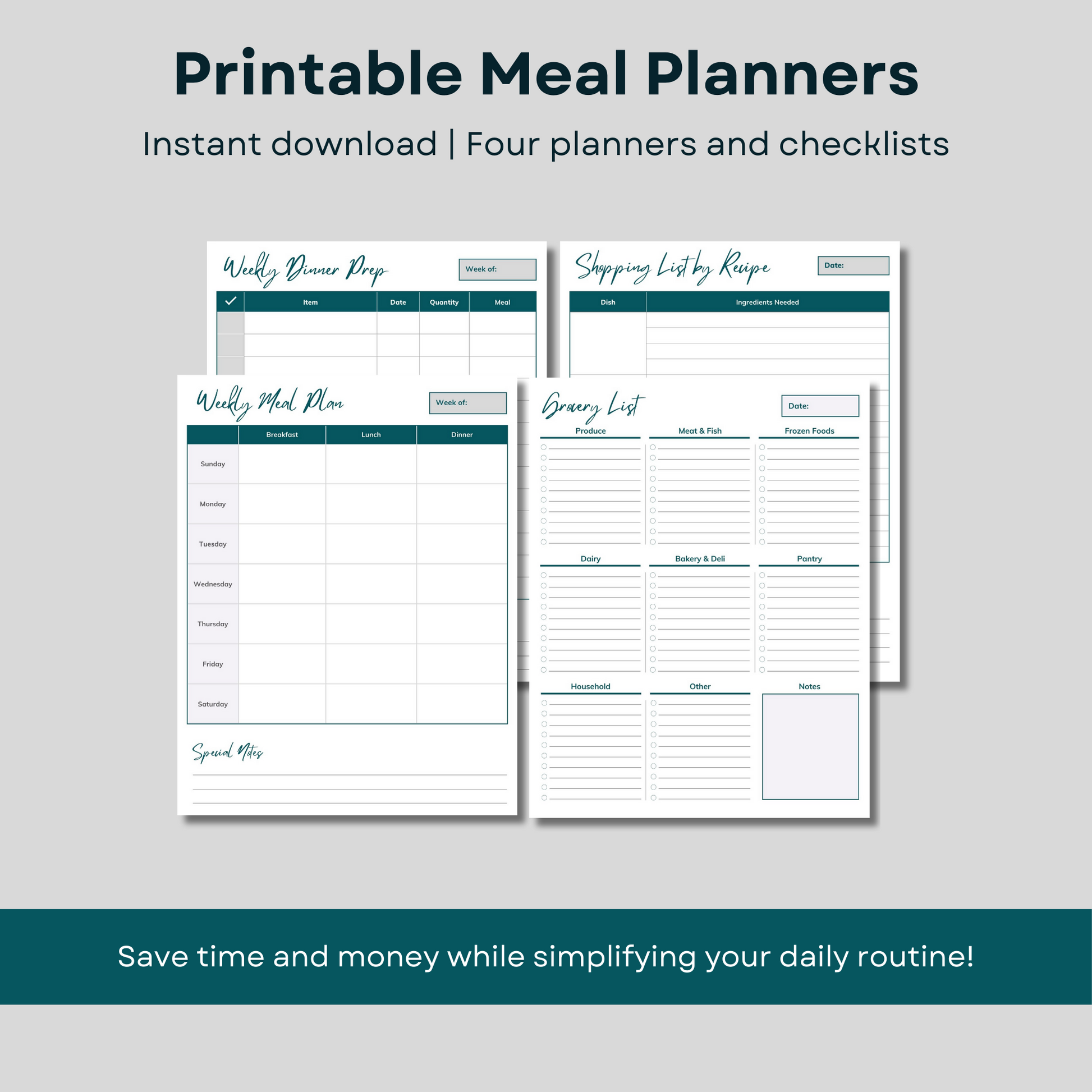 Printable meal planners. Instant download. Four planners and checklists.