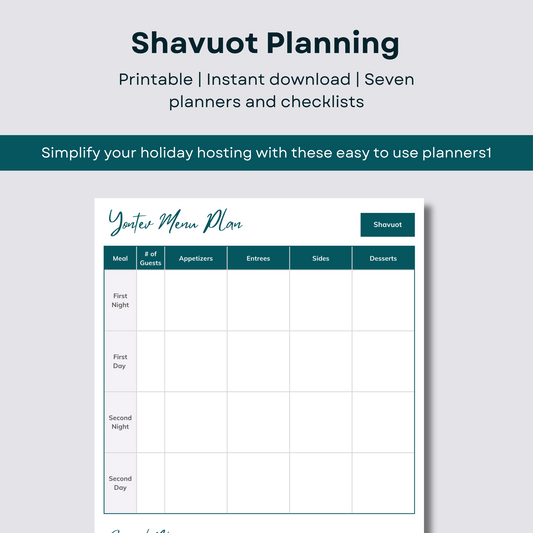 Shavuot printable planners | menu planning, grocery lists, cooking lists | instant download