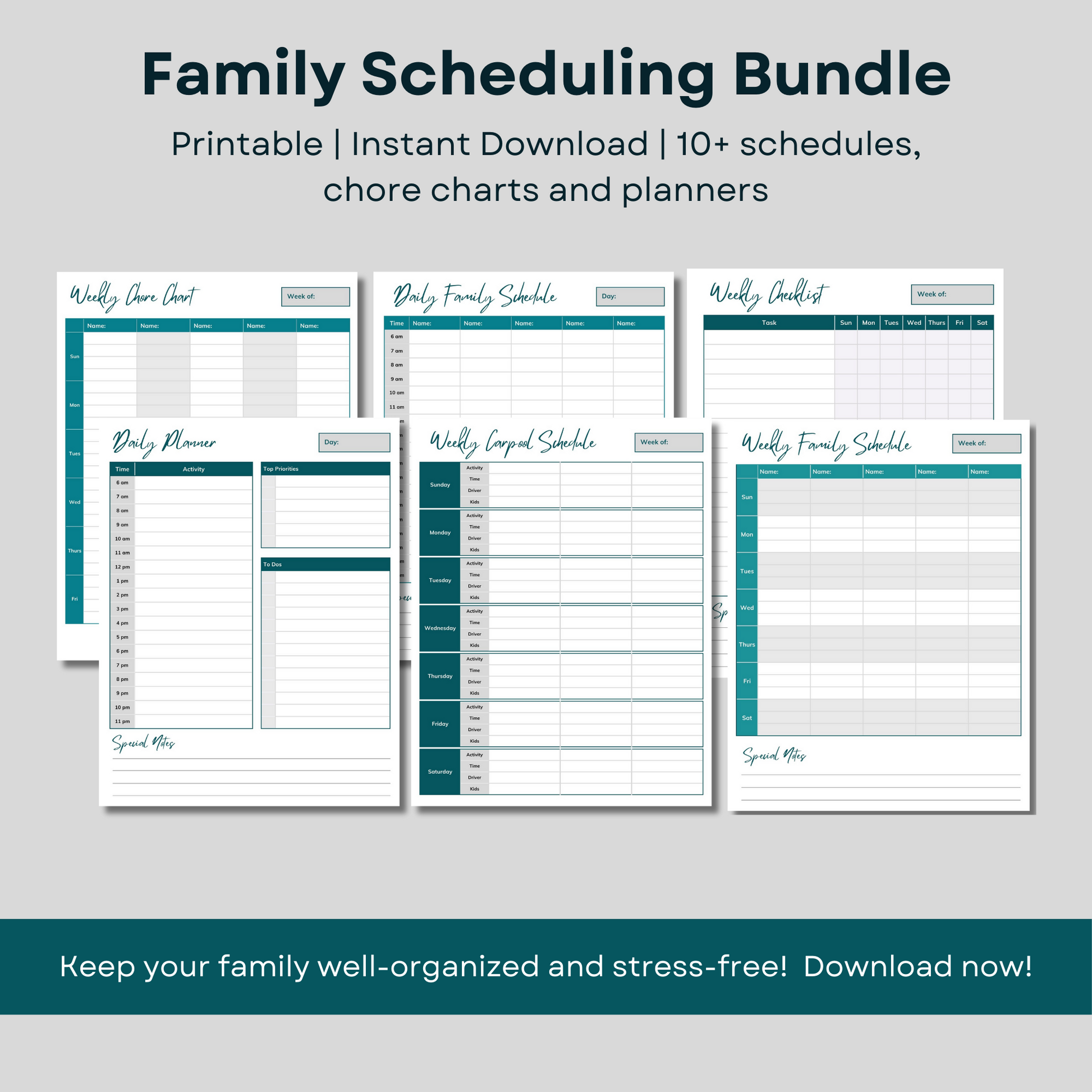 Printable family scheduling bundle - instant download - over 10 schedules, chore charts and planners. Weekly and daily.