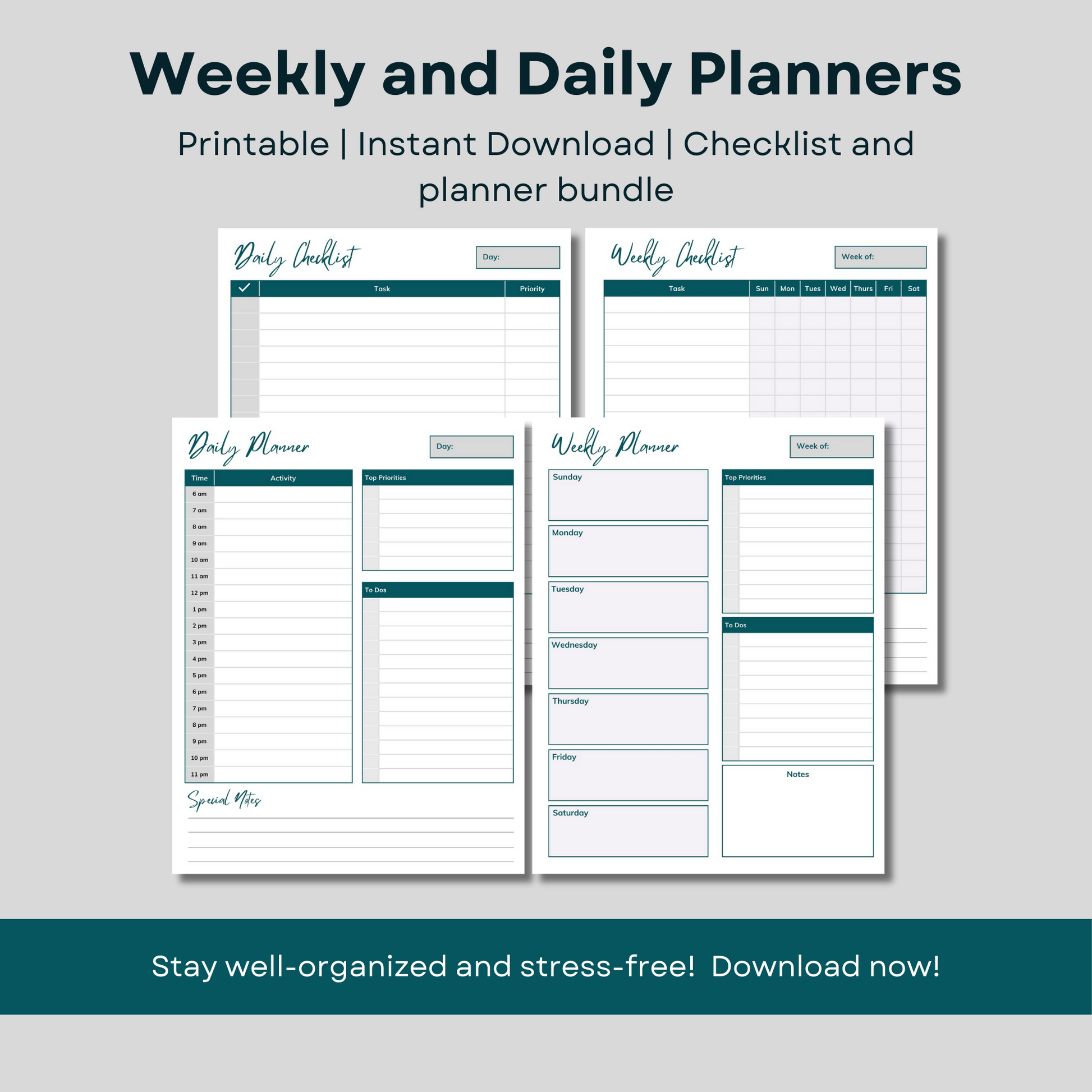 Basic planning bundle - printable, instant download - daily and weekly checklists and planners.