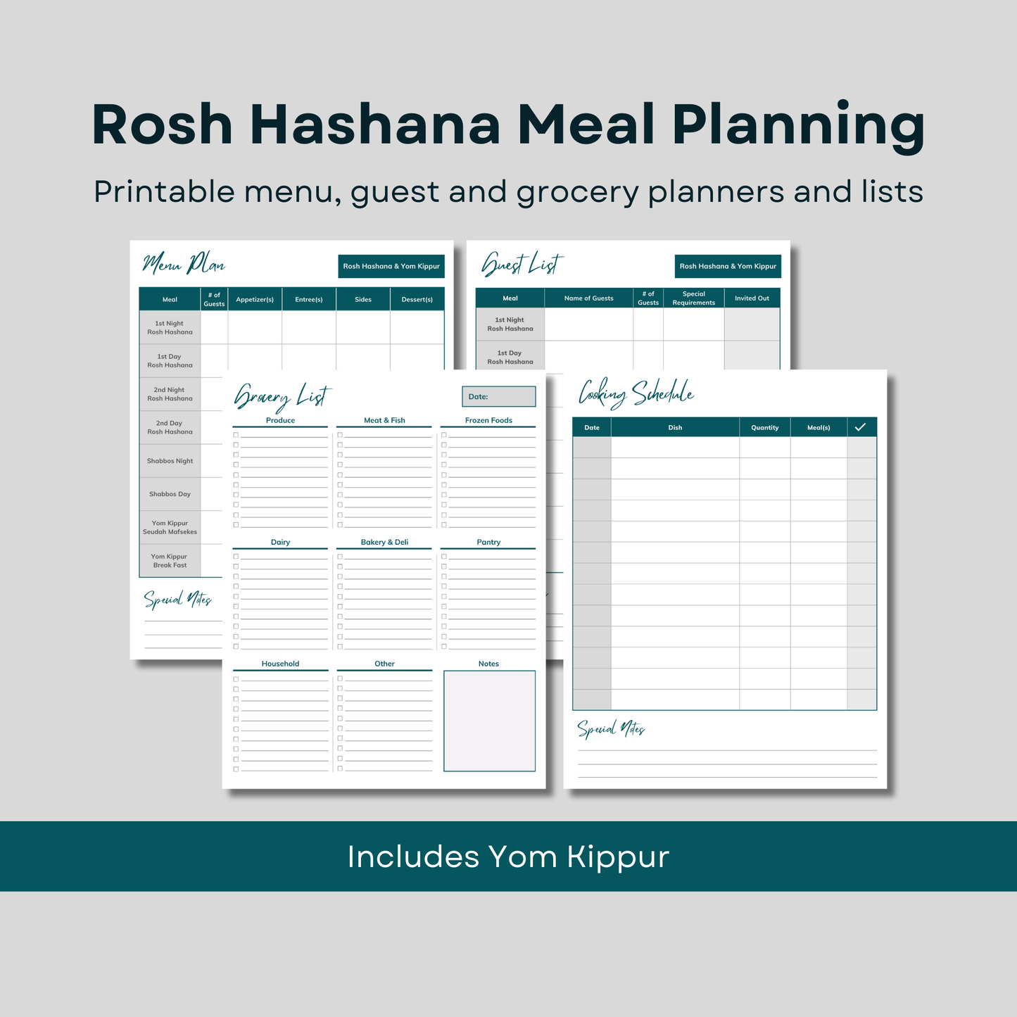 Rosh Hashana and Yom Kippur Meal Planning bundle. Printable menu. guest and grocery planners and lists.