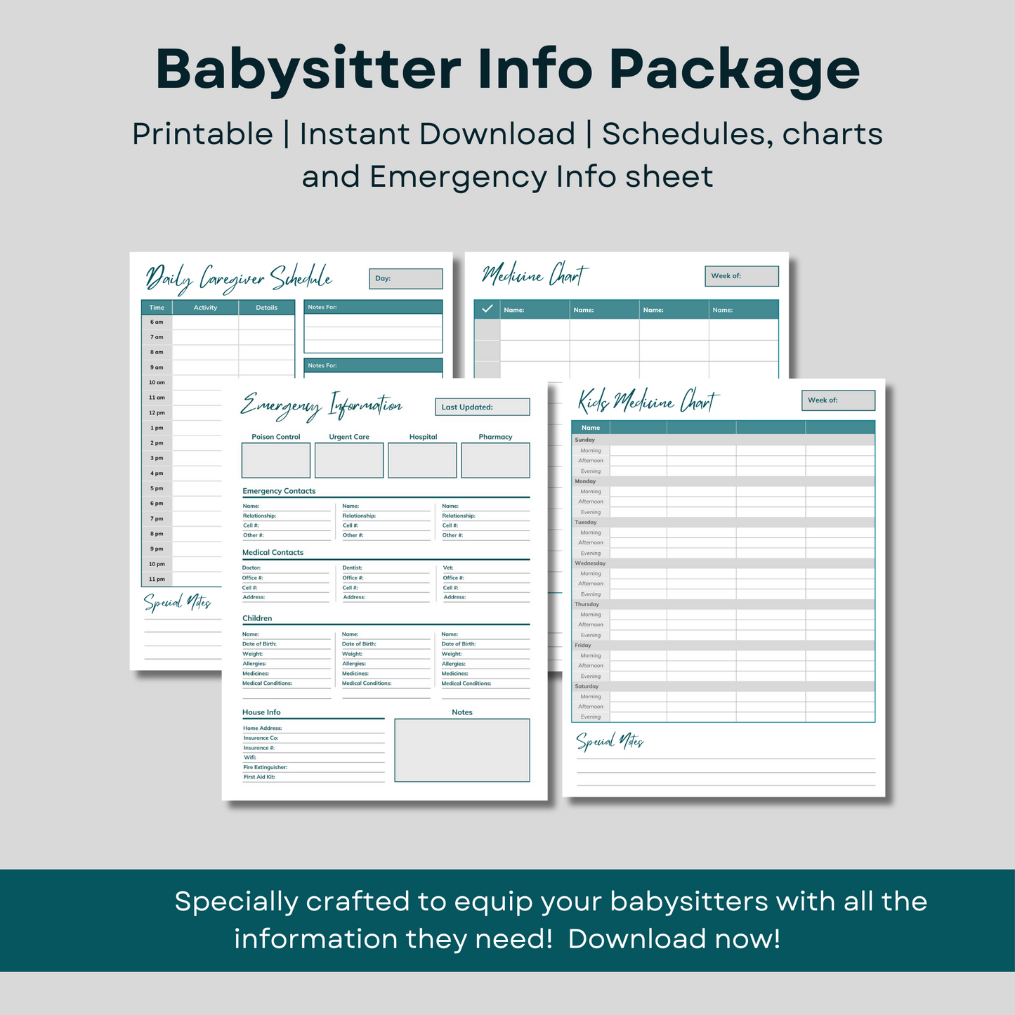 Printable babysitter information package - instant download - schedules, charts and emergency information sheet.