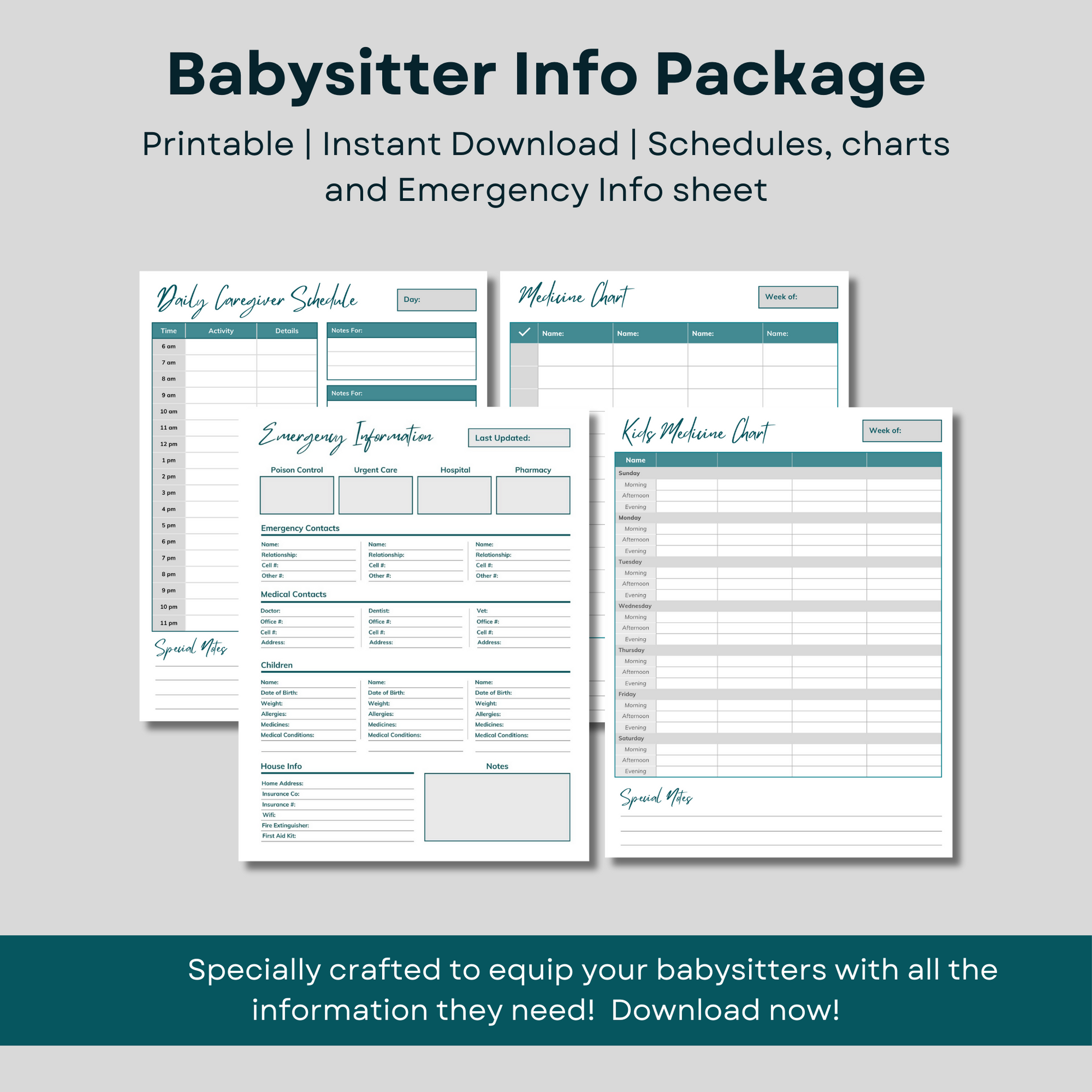 Printable babysitter information package - instant download - schedules, charts and emergency information sheet.