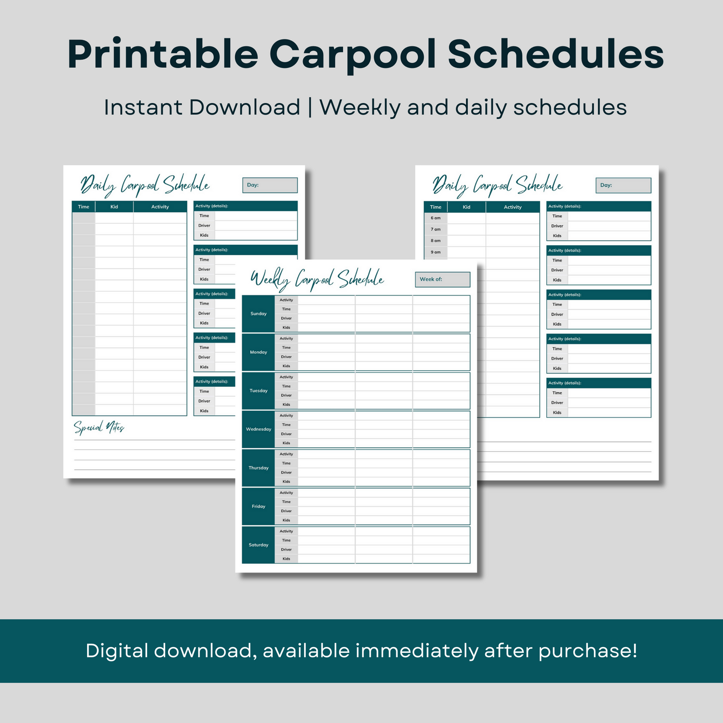 Printable carpool schedules - weekly and daily - instant download.