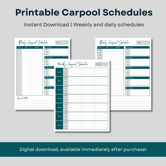 Printable carpool schedules - weekly and daily - instant download.