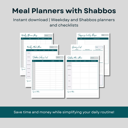 Printable meal planning bundle including weekday and Shabbos planners and checklists.