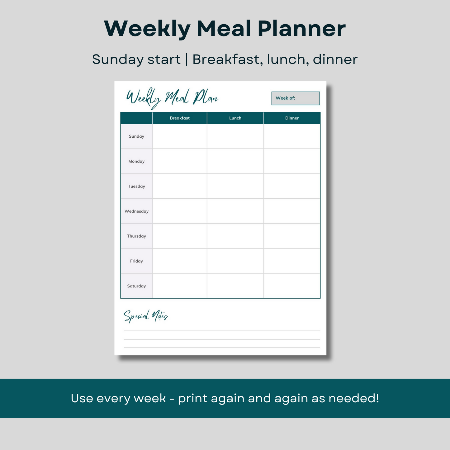 Weekly meal planner - Sunday start - Breakfast, lunch and dinner.