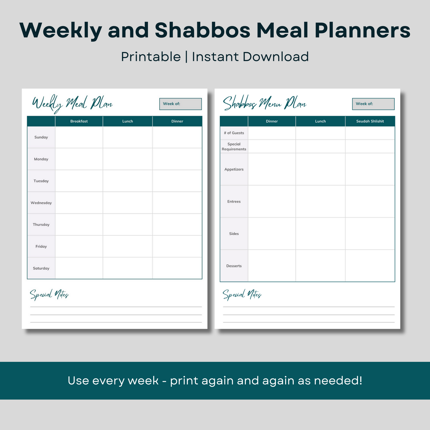 Meal planning bundle - weekly and Shabbos meal planners. Printable, instant download.