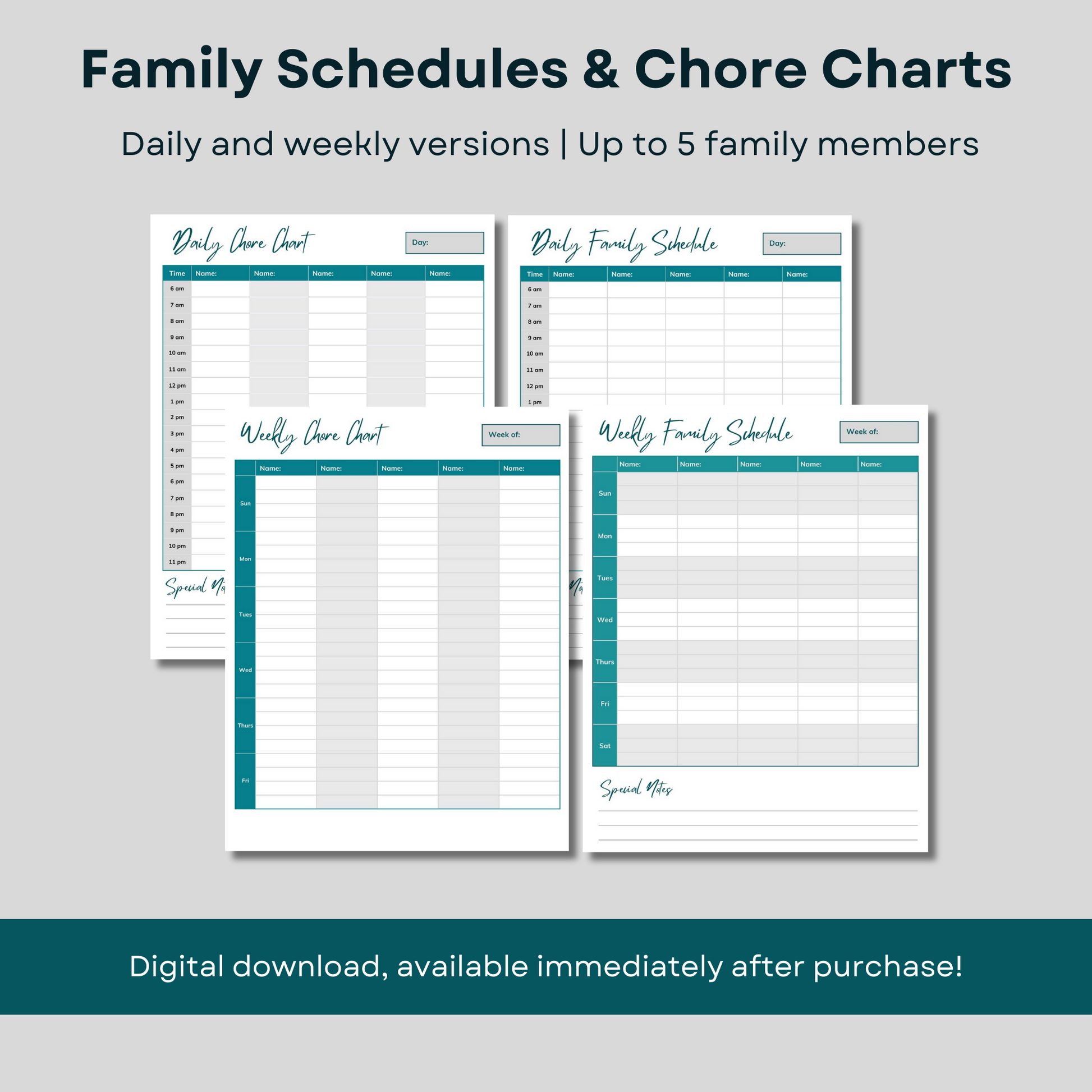 Family scheduling package. Printable weekly and monthly family schedules and chore charts. Instant download.