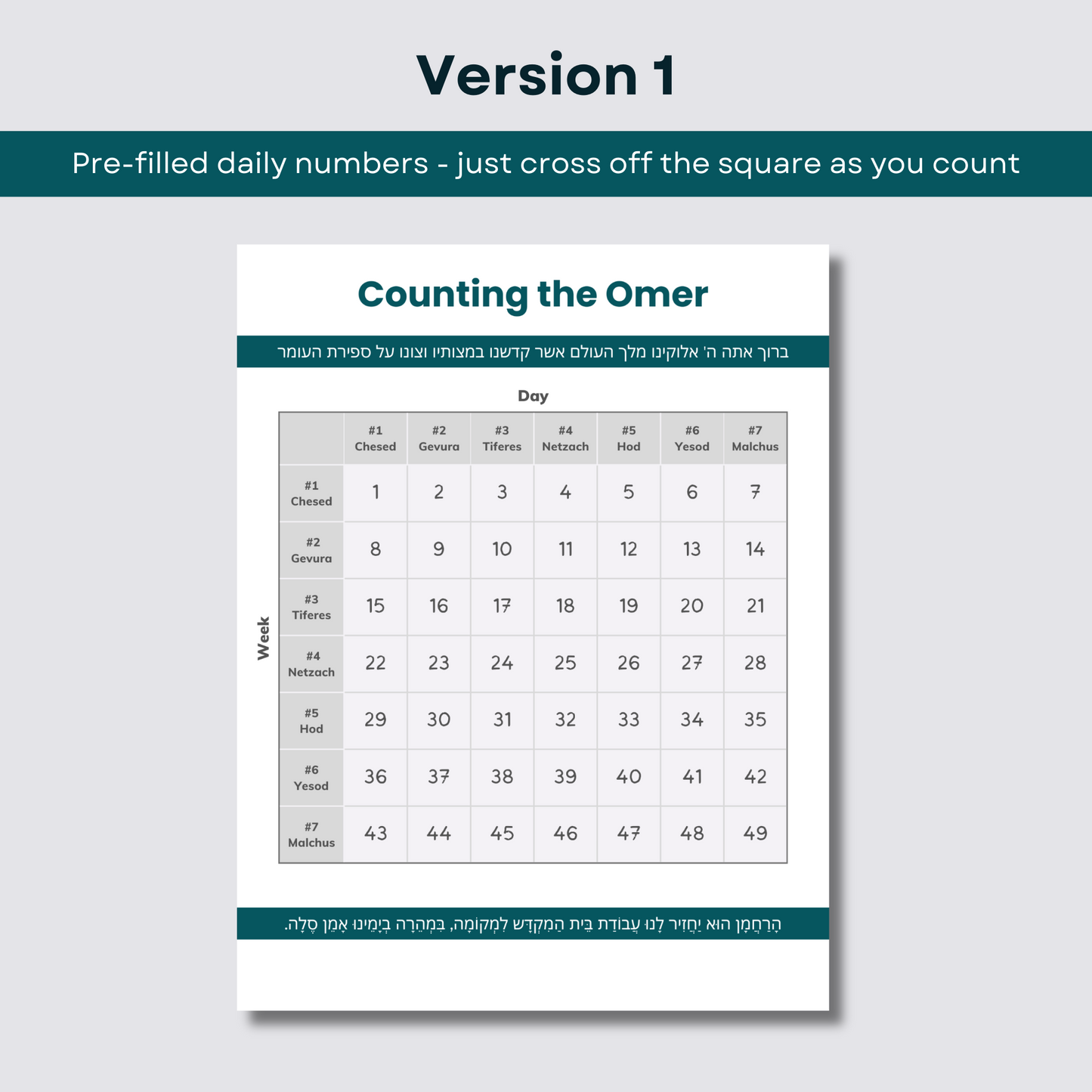 Omer Counter | Printable Sefirat HaOmer counting chart.