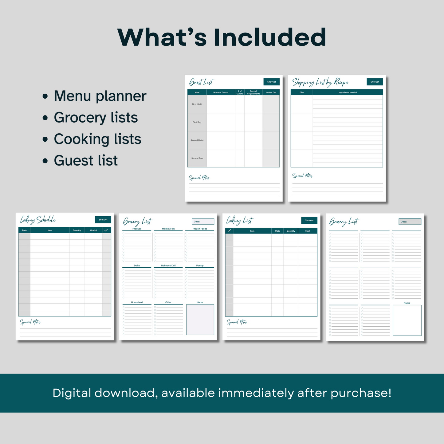 Shavuot printable planners | menu planning, grocery lists, cooking lists | instant download