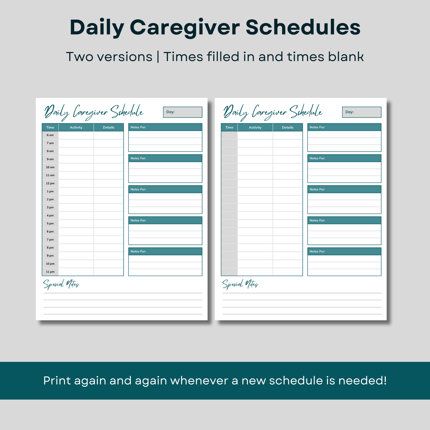 Babysitter information package - printable daily caregiver schedules.