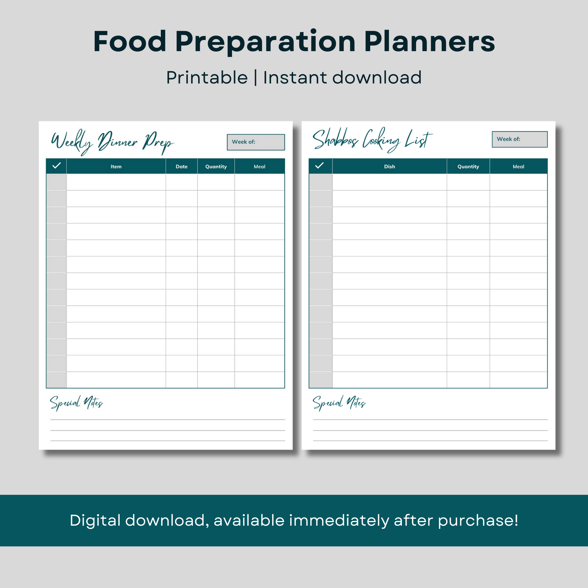 Printable meal planning bundle including food preparation planners. Printable, instant download.