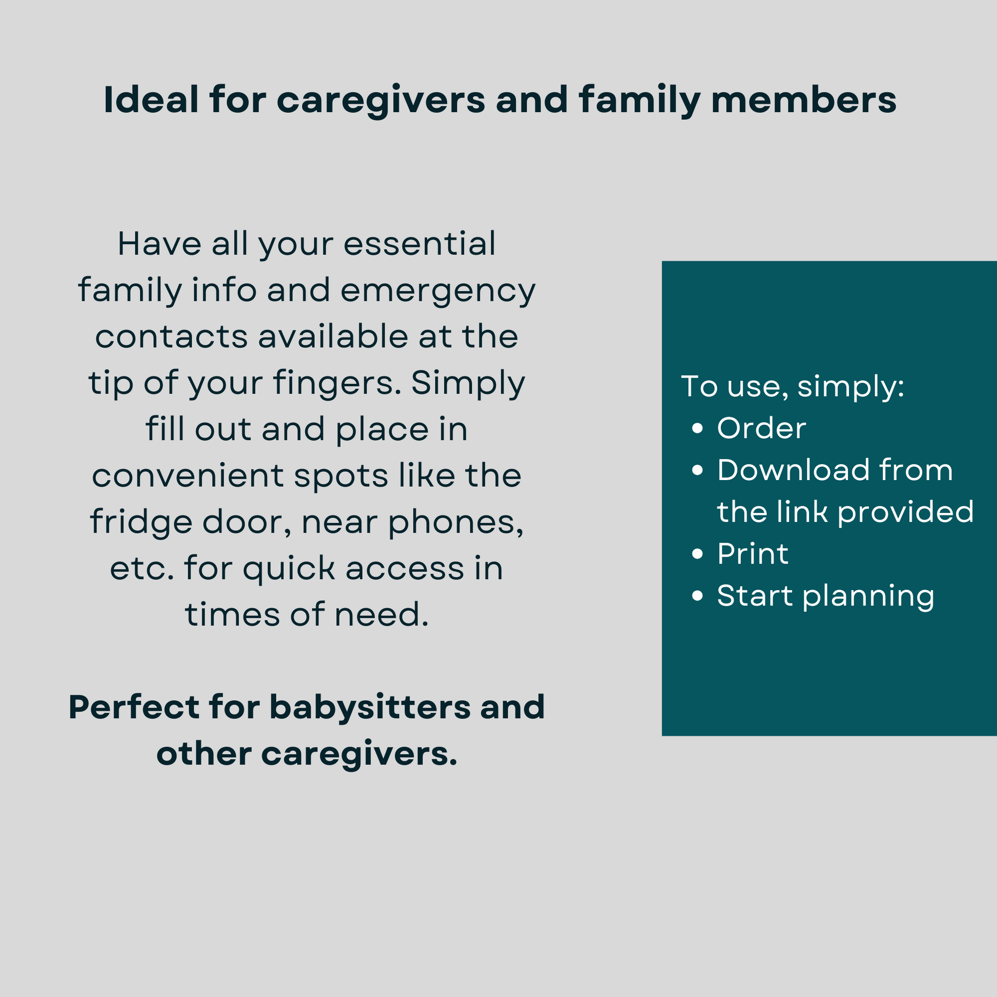 Printable emergency information sheet available for instant download after purchase - instructions for download.