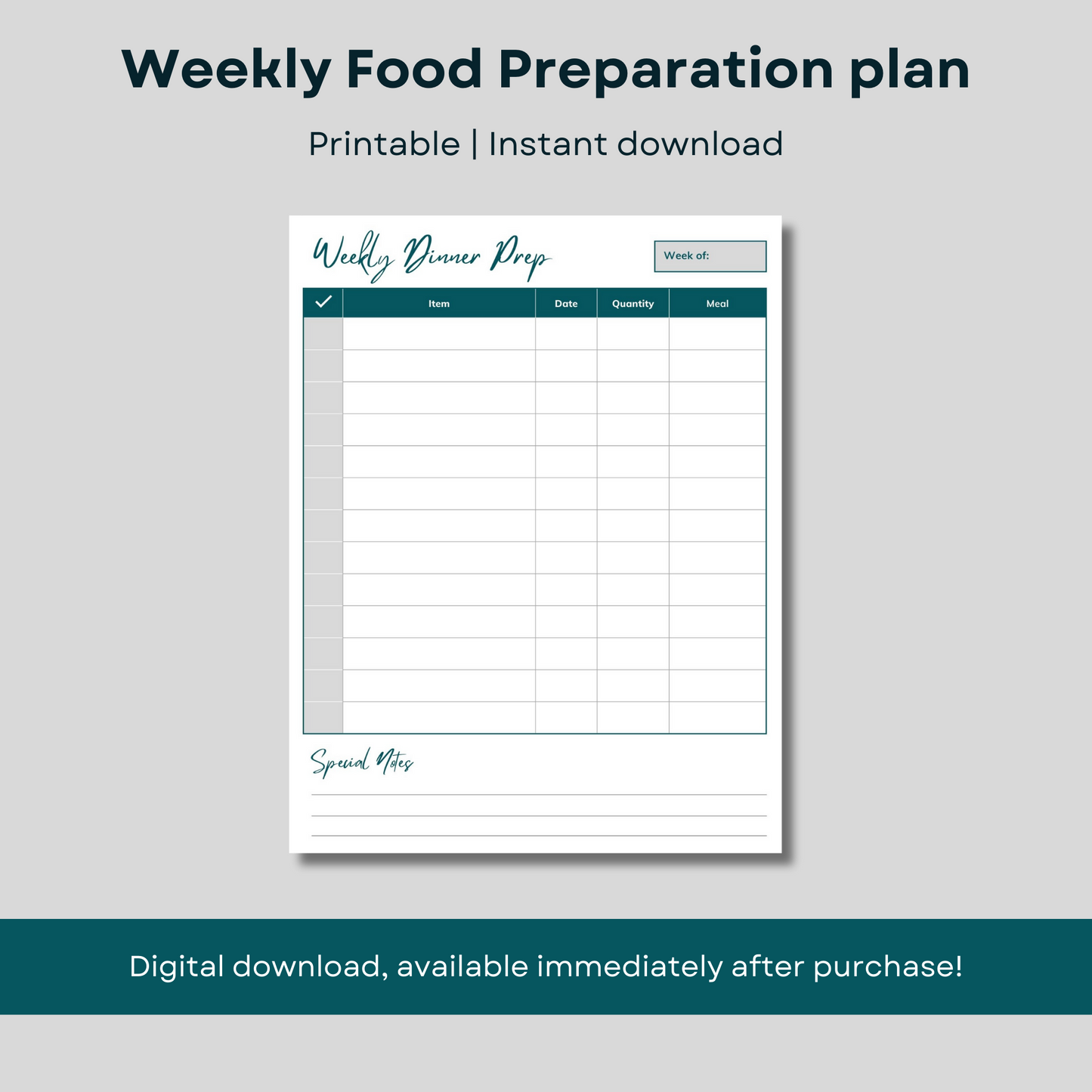 Printable weekly food preparation plan