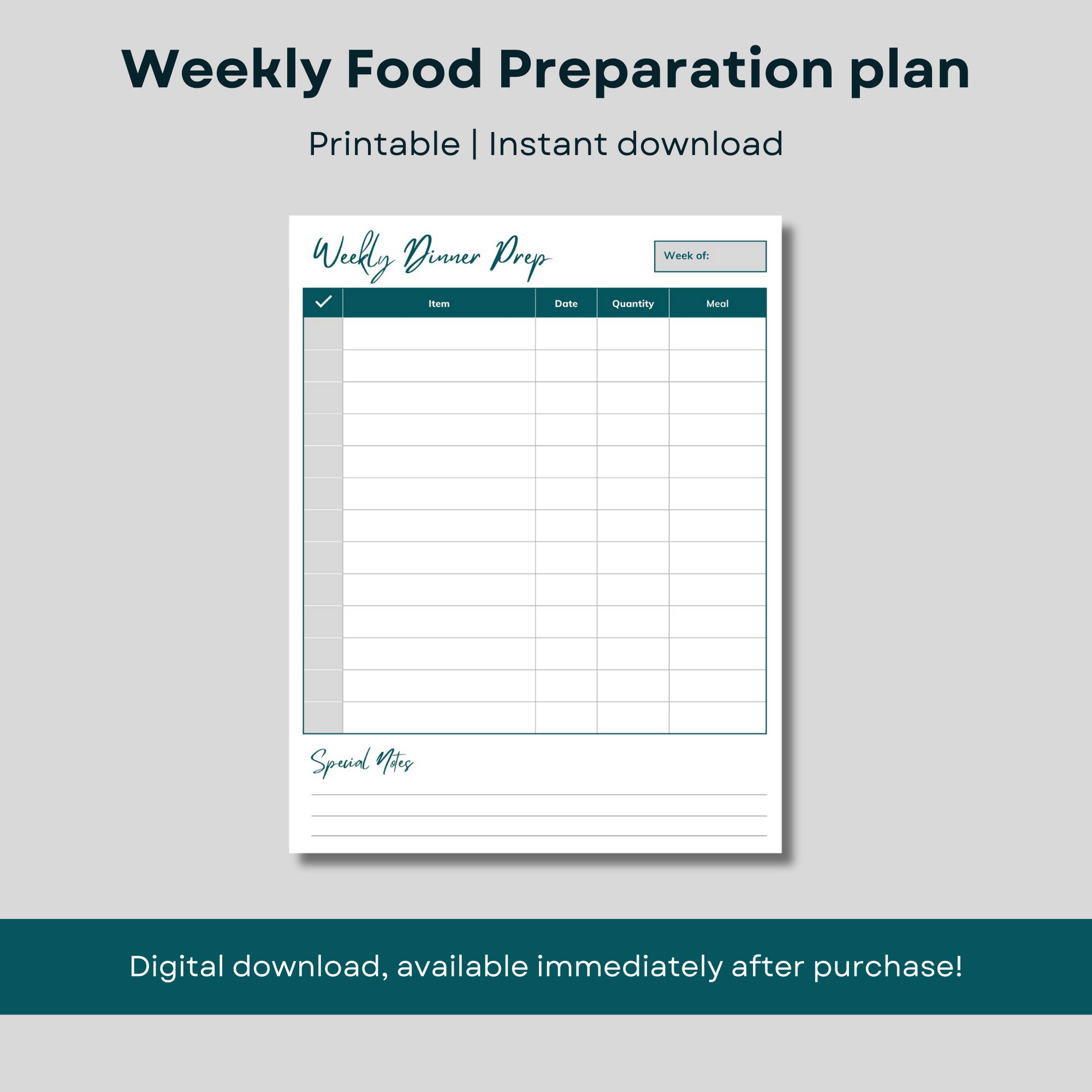 Printable weekly food preparation plan