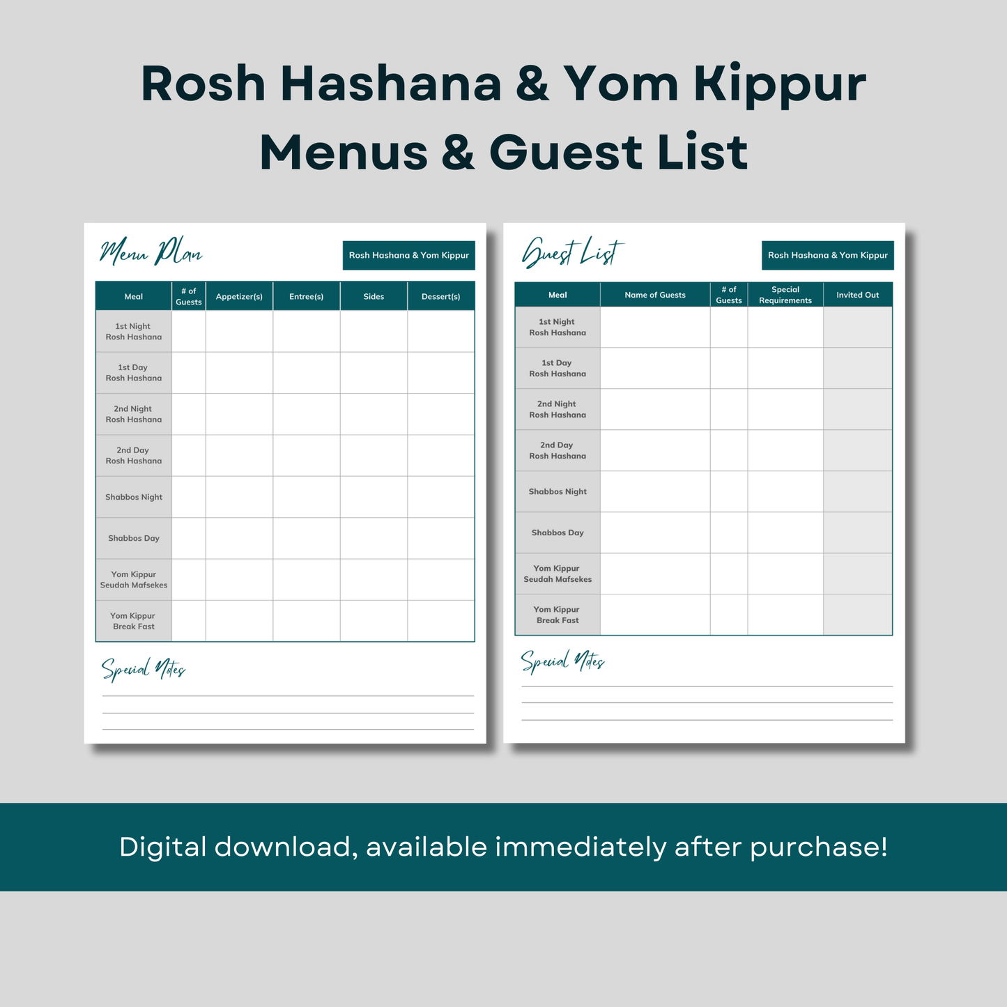 Rosh Hashana and Yom Kippur guest list and menu planner