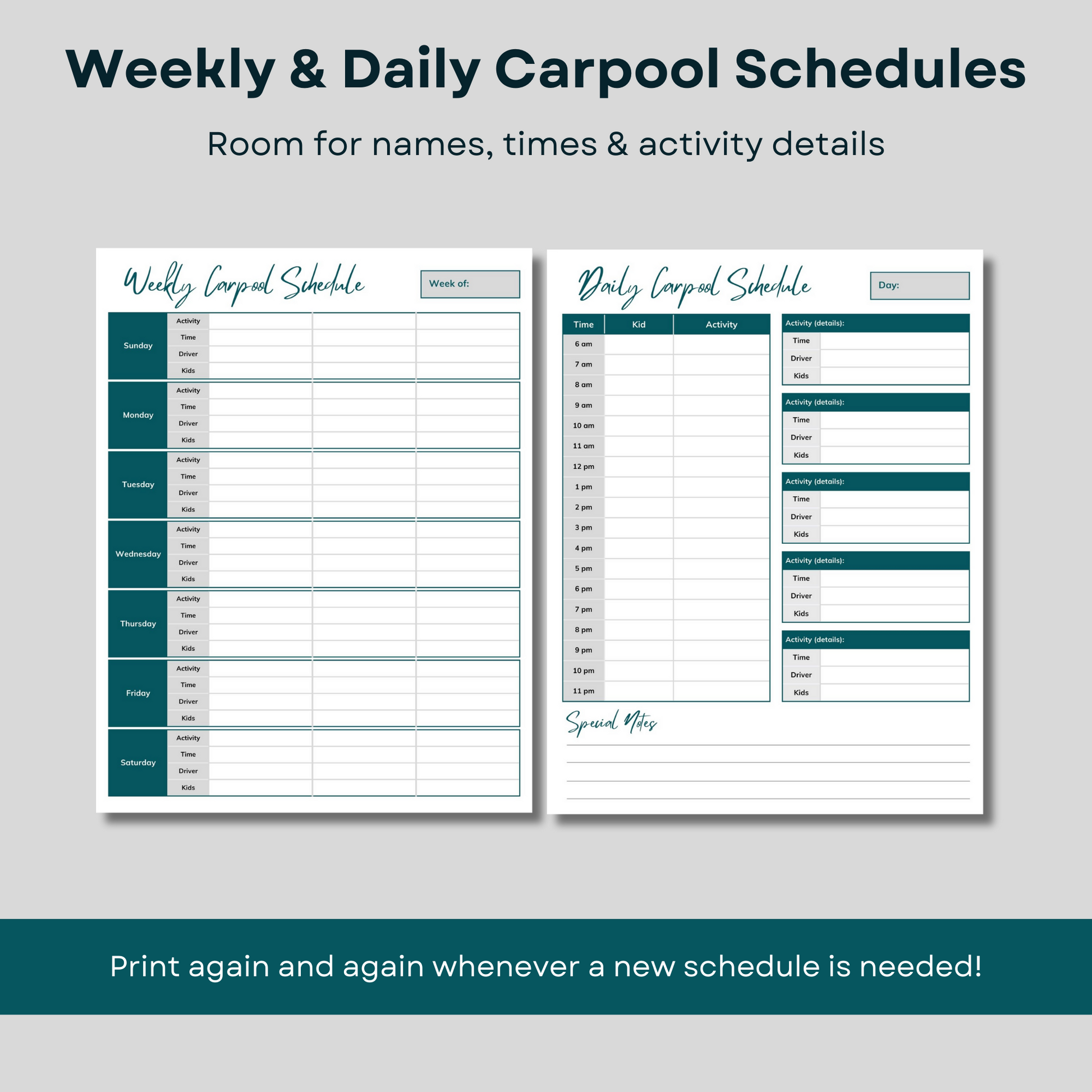 Family scheduling package. Printable daily and weekly carpool schedules. Instant download.