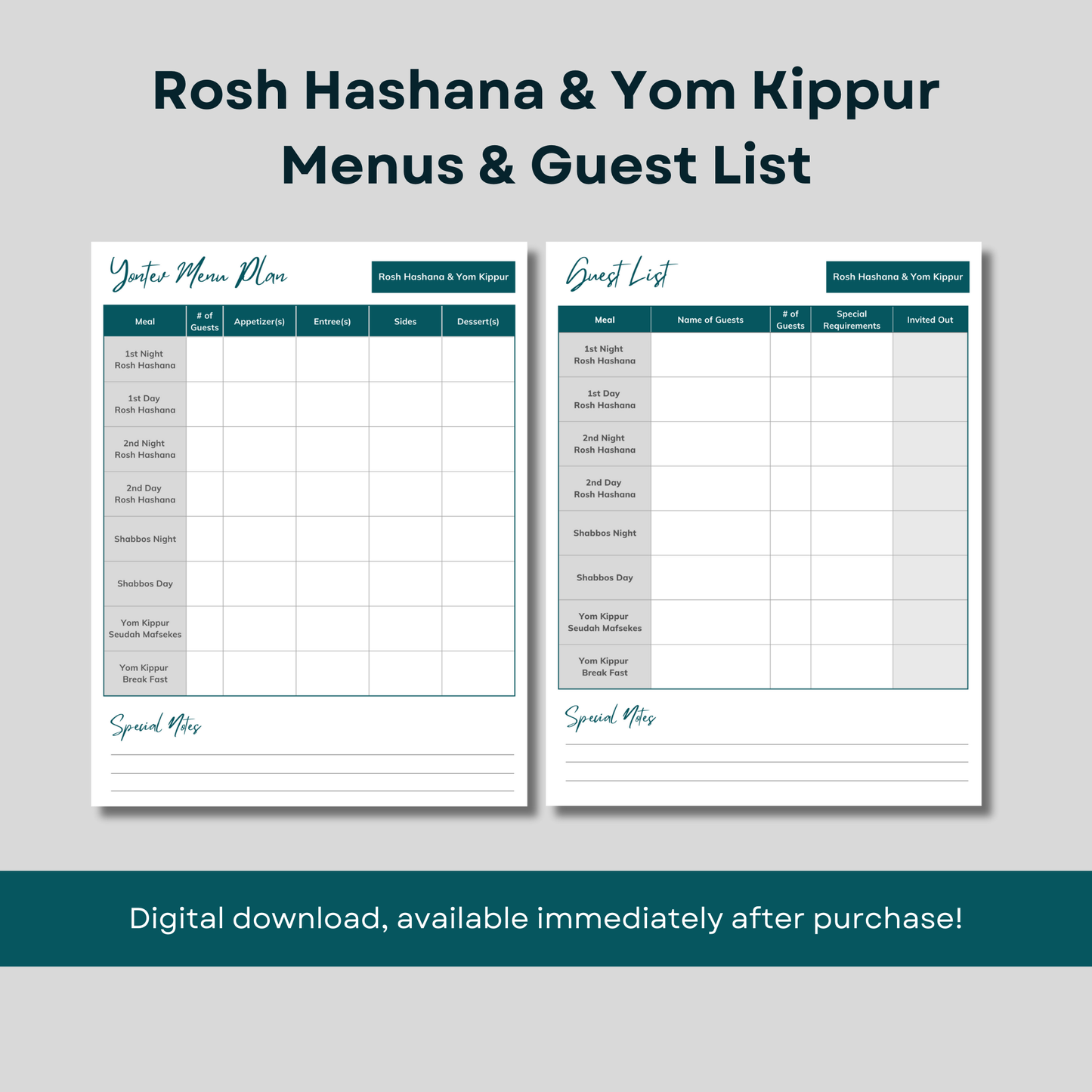 Yom Tov 2024 Printable planners for Rosh Hashana, Yom Kippur and Succos