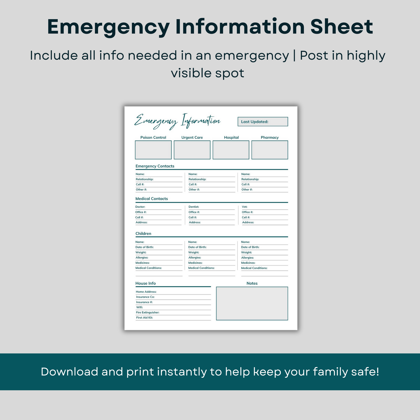 Babysitter information package - printable emergency information sheet.