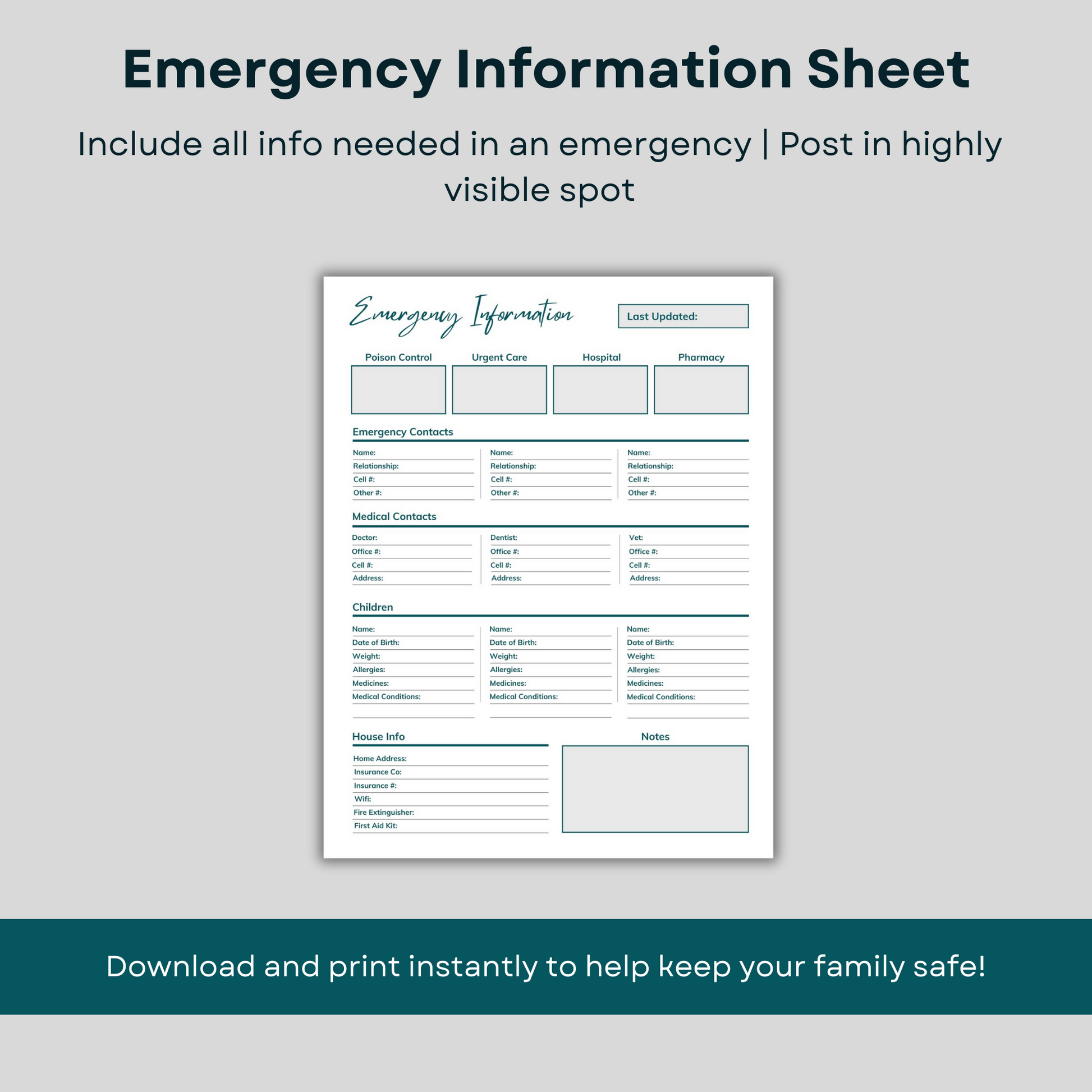 Babysitter information package - printable emergency information sheet.