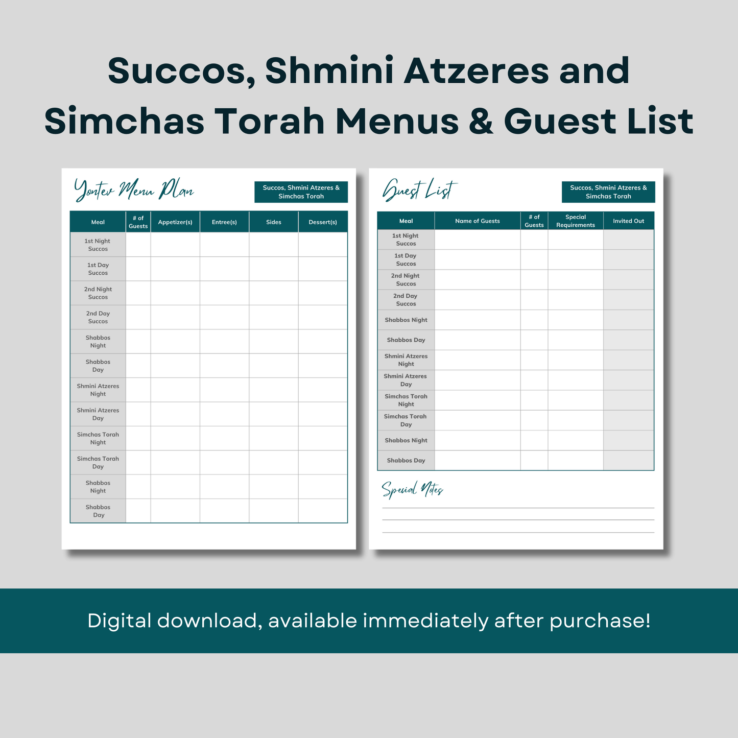 Yom Tov 2024 Printable planners for Rosh Hashana, Yom Kippur and Succos