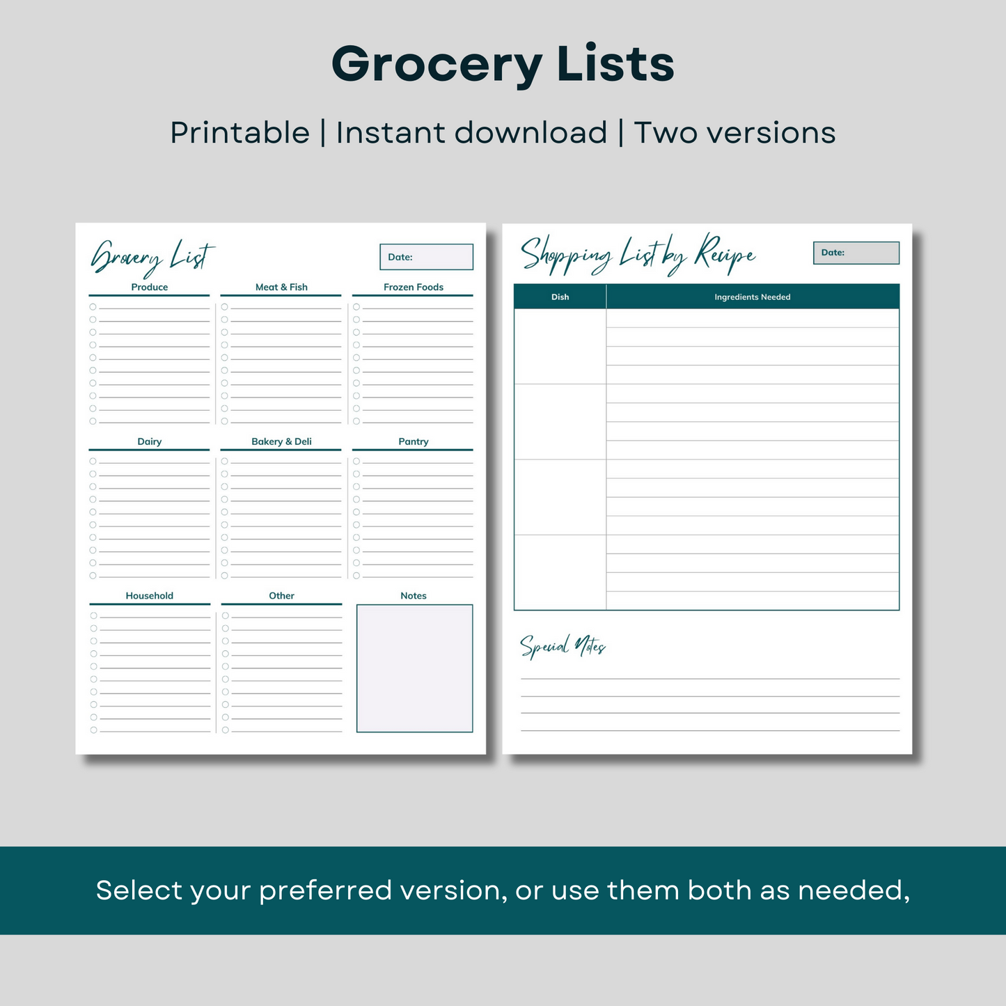 Printable grocery lists - instant download - two versions