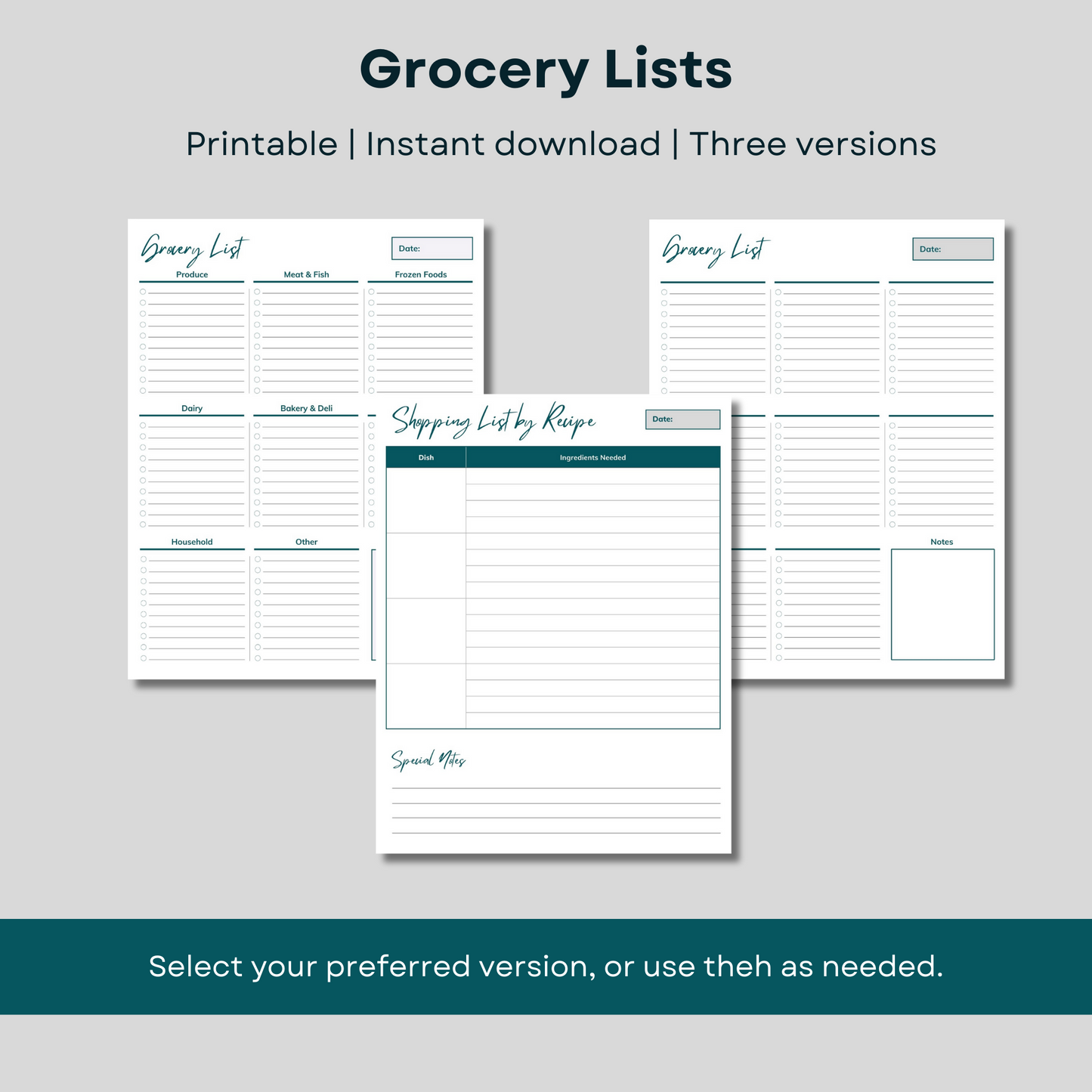 Printable meal planning bundle including three versions of grocery lists. Printable, instant download.