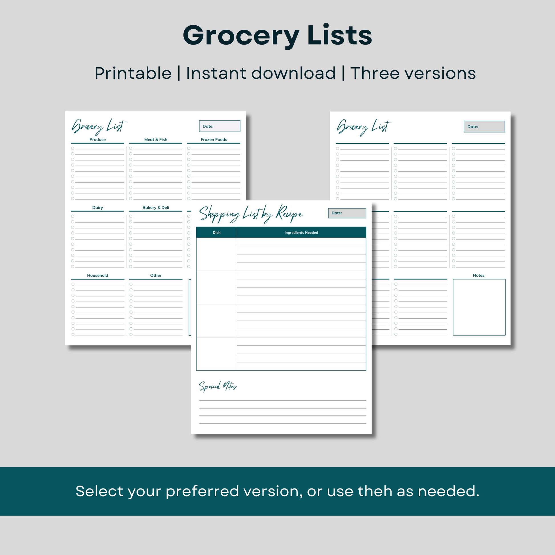 Printable meal planning bundle including three versions of grocery lists. Printable, instant download.