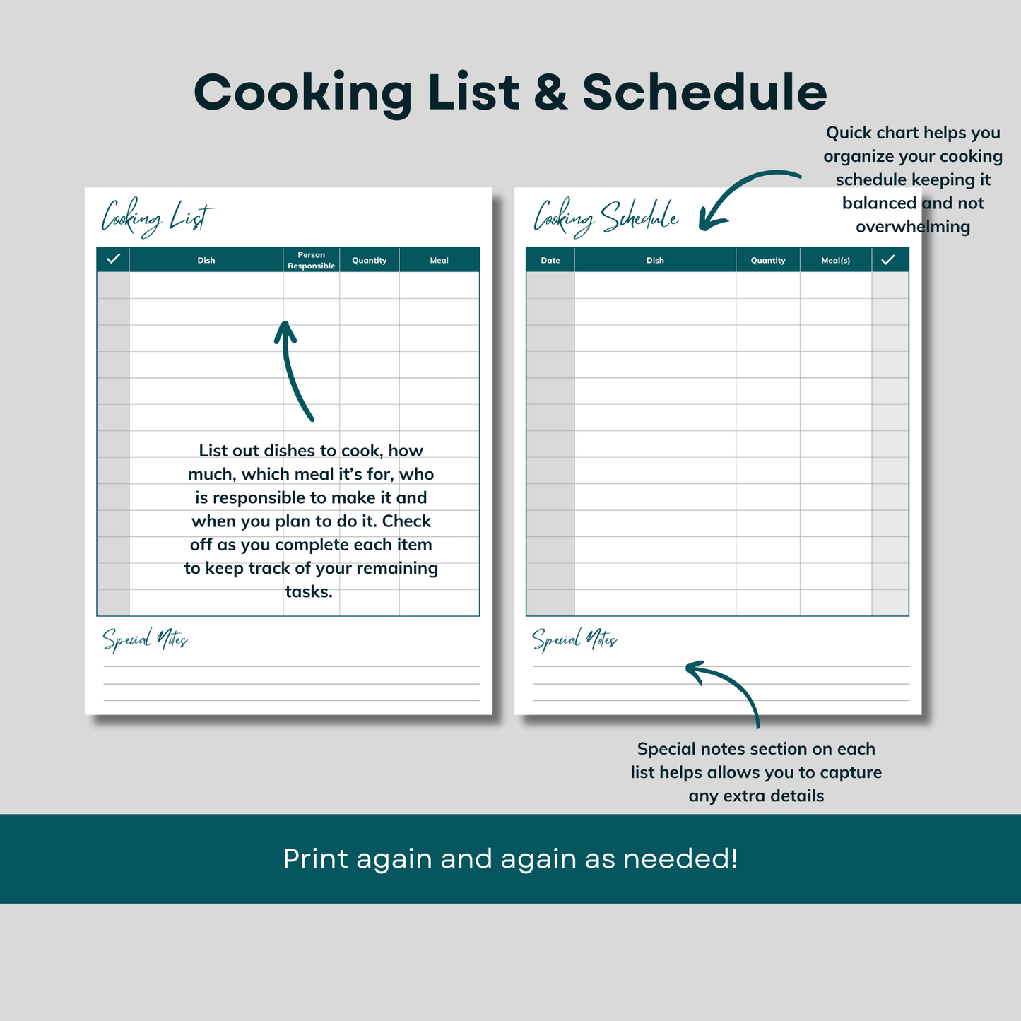 Printable cooking list and schedule. Yom tov printable planners - instant download.