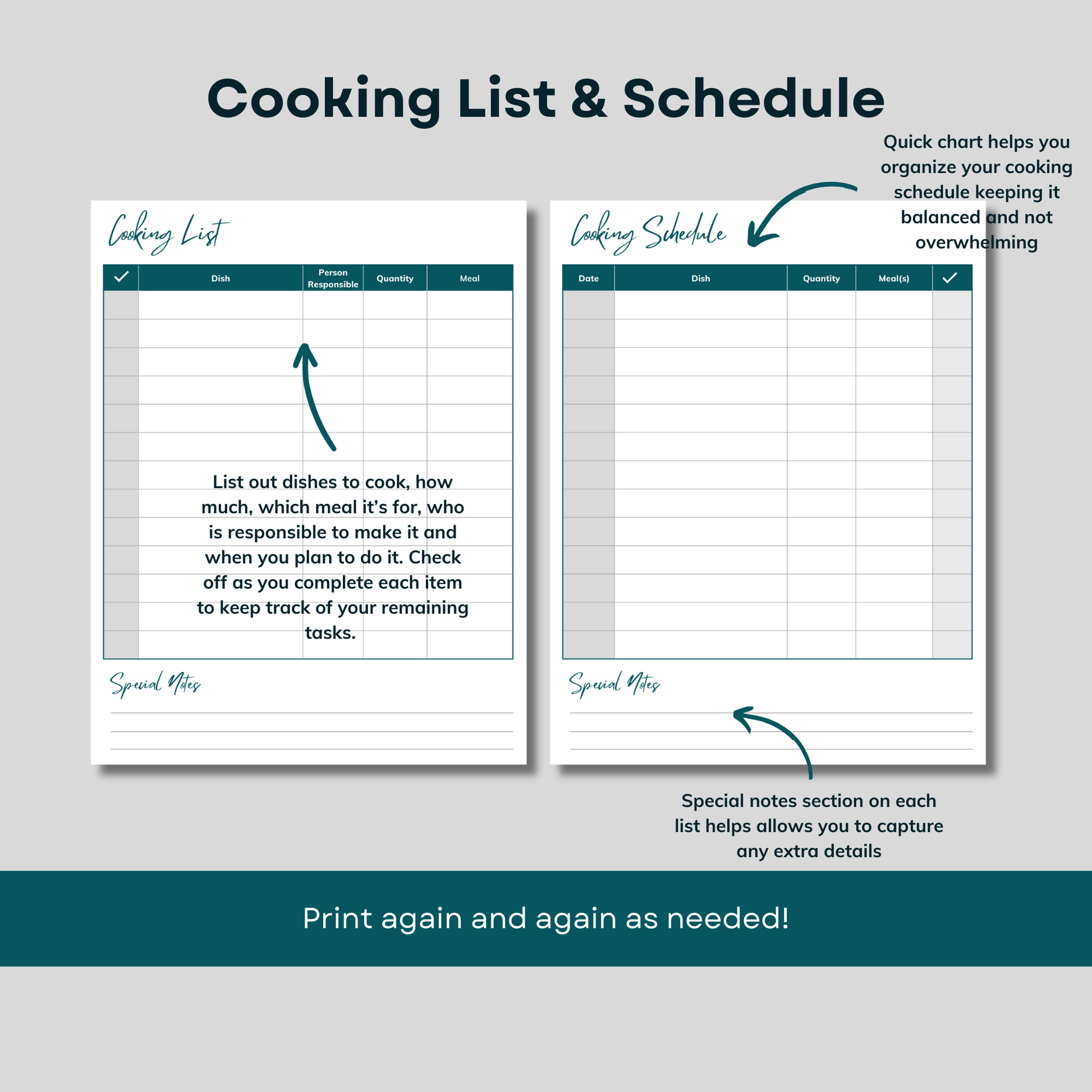 Printable cooking list and schedule. Yom tov printable planners - instant download.