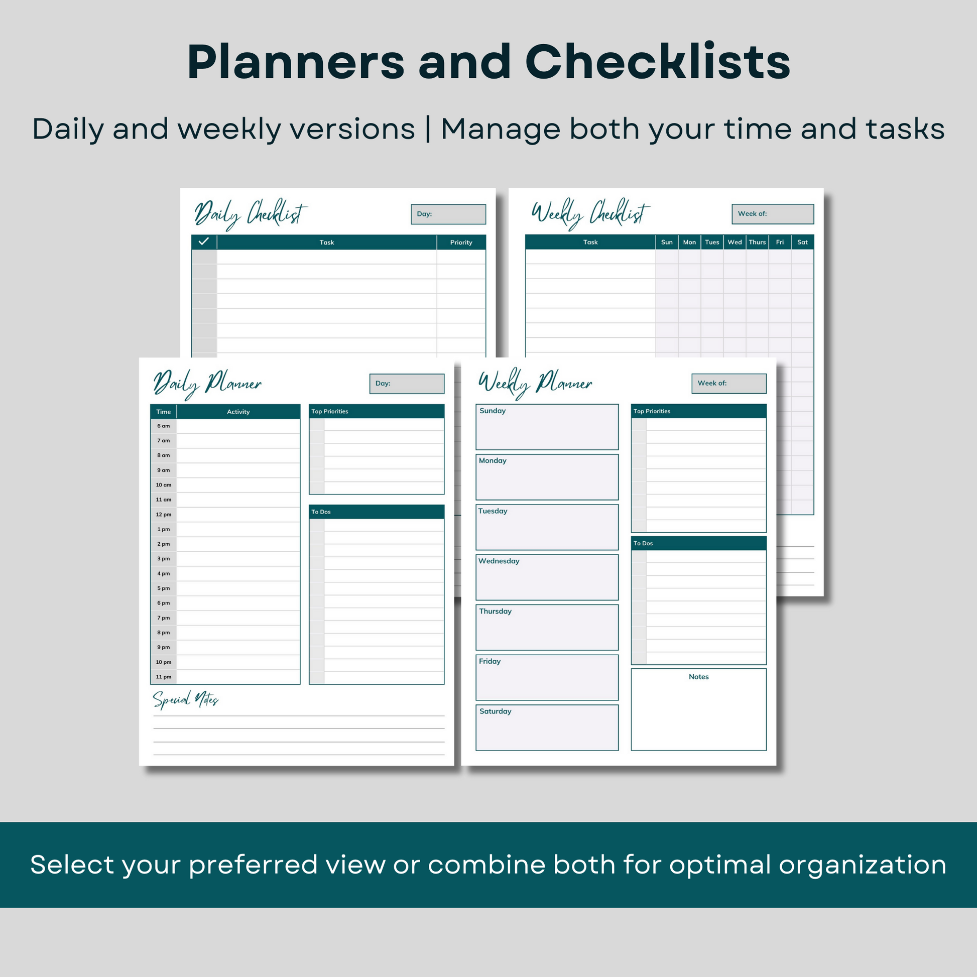 Family scheduling package. Printable daily and weekly planners and checklists. Instant download.