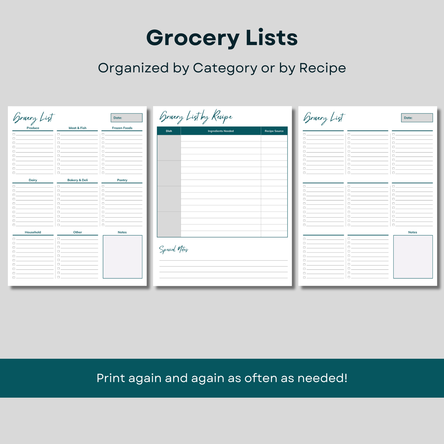 Grocery lists by category or by recipe. Yom tov printable planners - instant download.