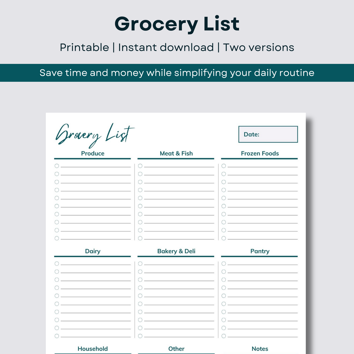 Printable Grocery List - instant download - two versions.