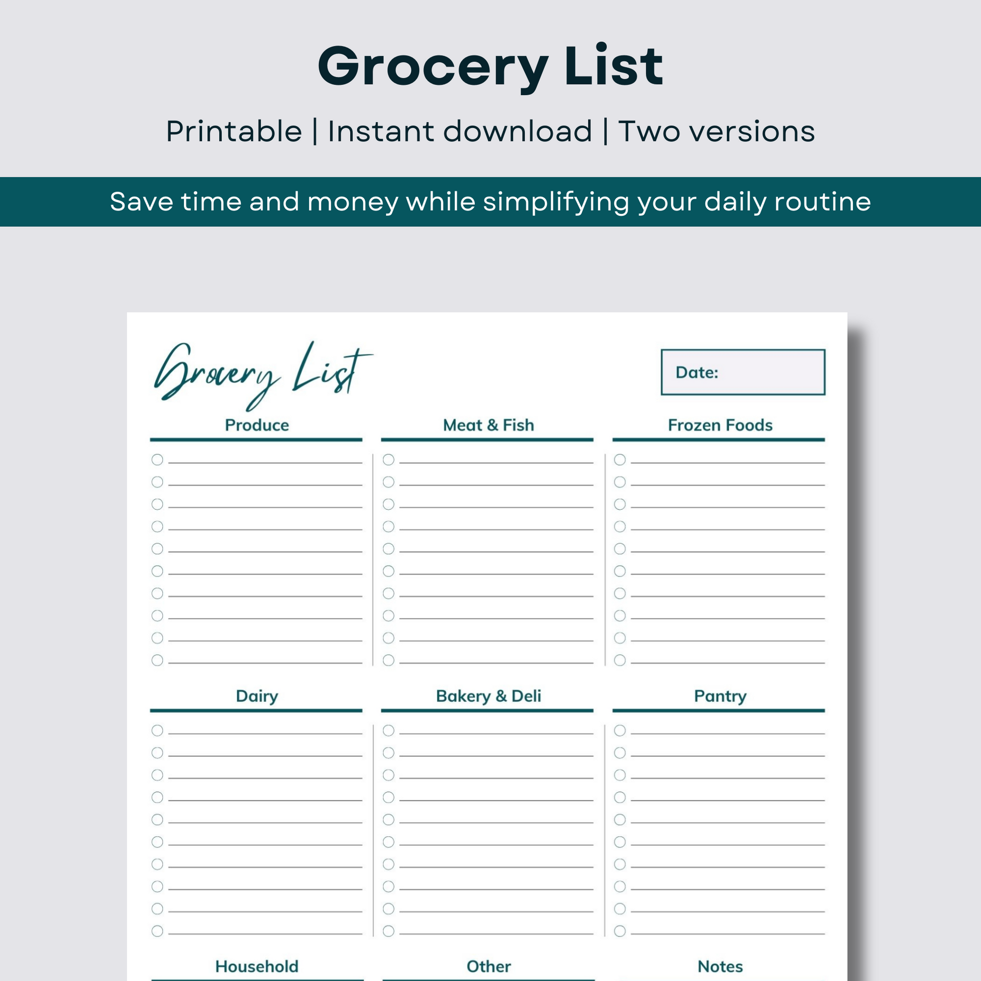 Printable Grocery List - instant download - two versions.