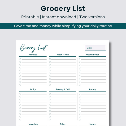 Printable Grocery List - instant download - two versions.