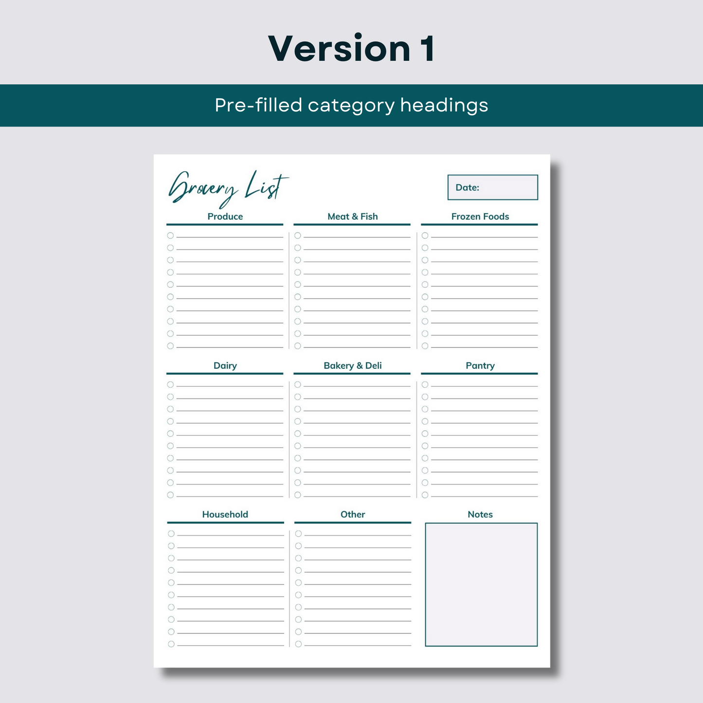 Printable grocery list - instant download - version one