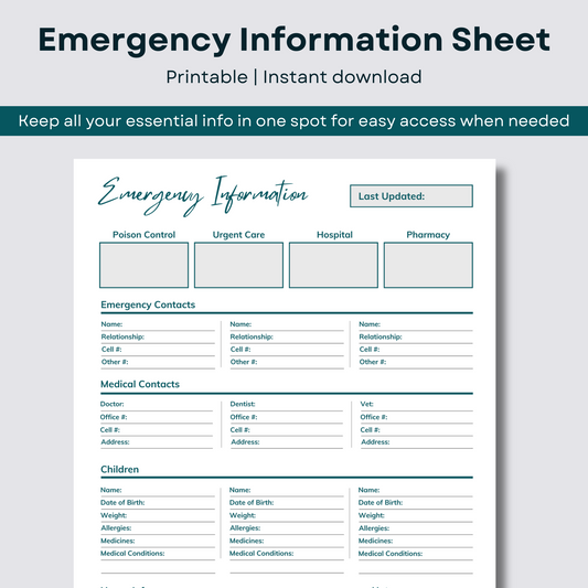 Printable emergency information sheet available for instant download after purchase.