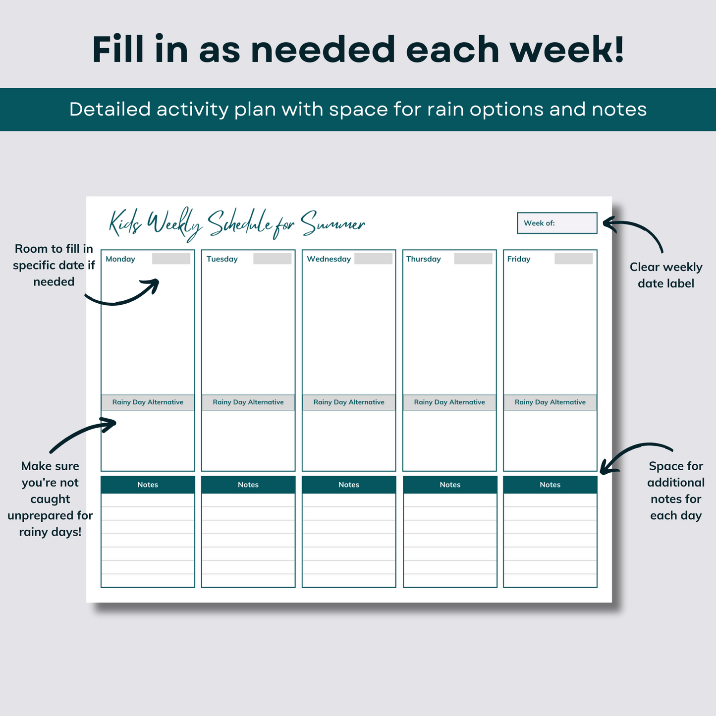 Kids Weekly Schedule for Summer and School Breaks | Summer Planner | Activity Schedule