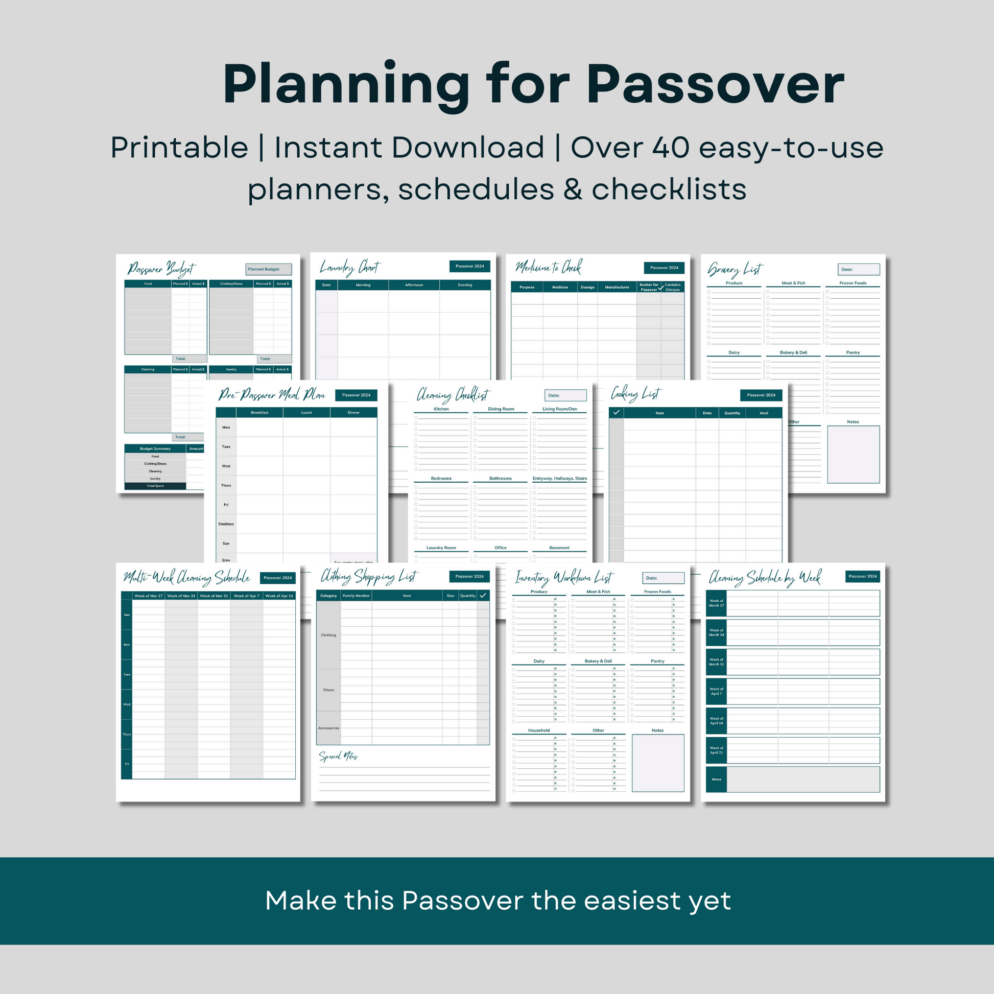 Passover planning printable bundle. Over 40 easy to use planners, schedules and checklists. Instant download after ordering.