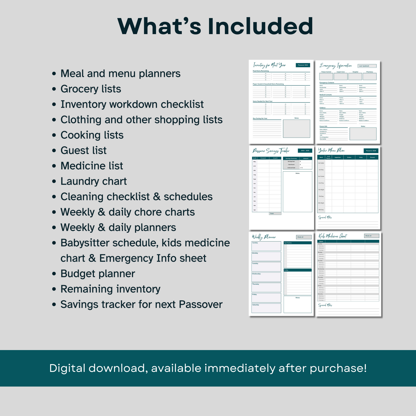 What's included in Passover Planning bundle. Instant download after ordering.