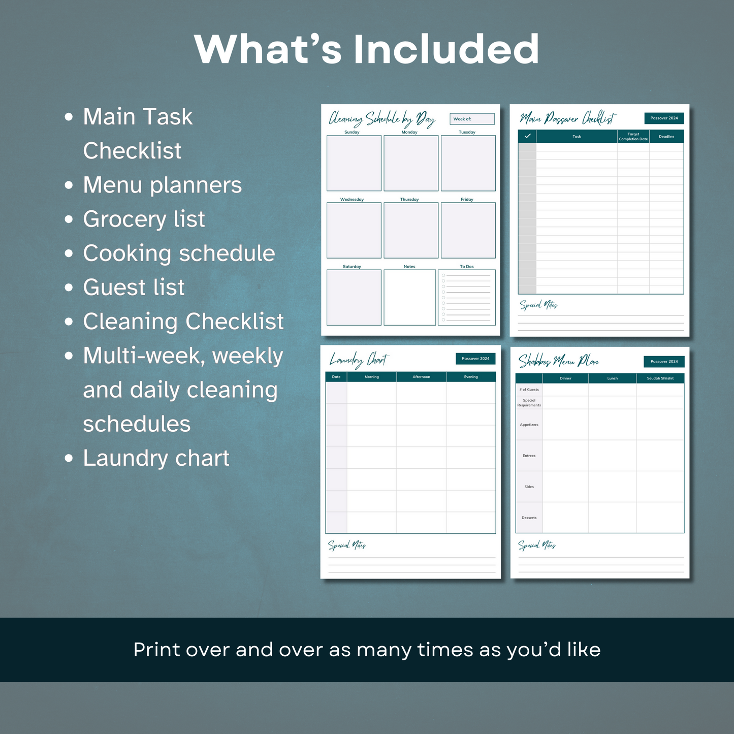 What's included in Passover Planner Mini-Bundle - package of 10 printable planners, schedules and checklists.