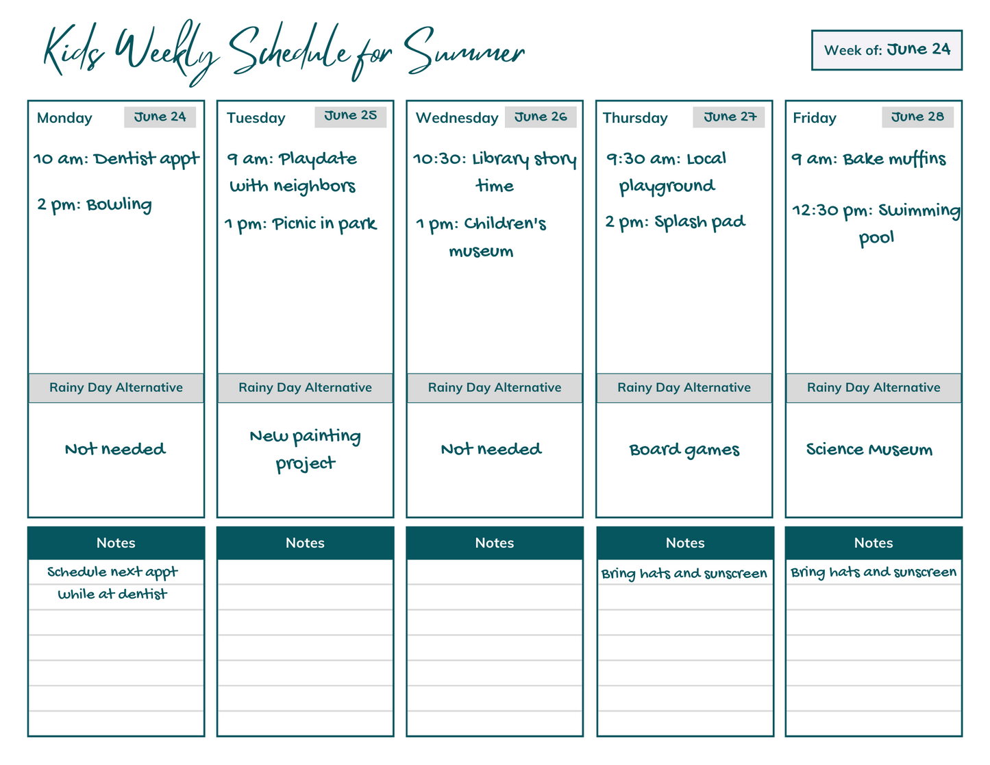 Kids Weekly Schedule for Summer and School Breaks | Summer Planner | Activity Schedule